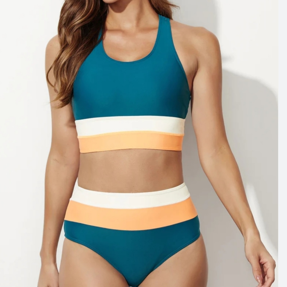 NANI 2 Piece Racerback Teal Marigold and White Bikini Size Small
